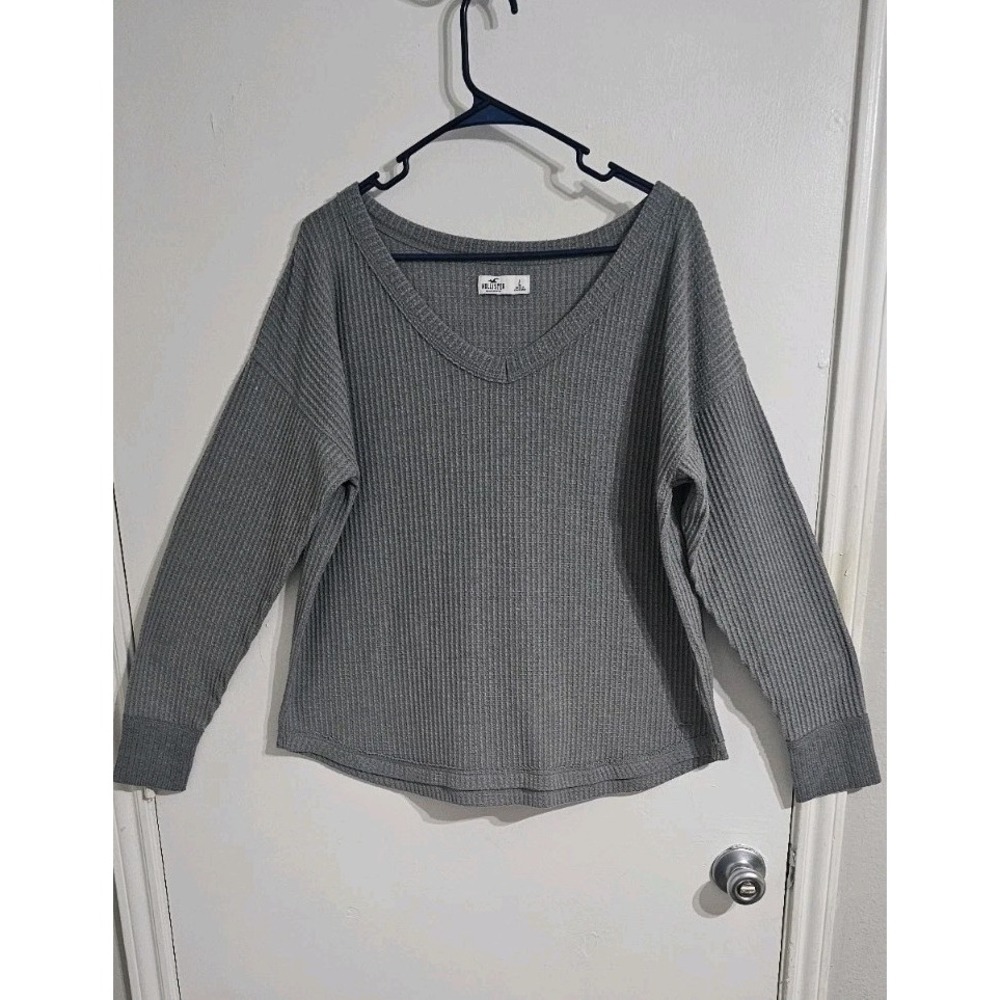 Hollister Waffle Knit Sweater Womens Gray Large Minimalist Cabincore Top‎ Lounge